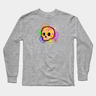 Colorful Floral Burst Skull Watercolor Long Sleeve T-Shirt